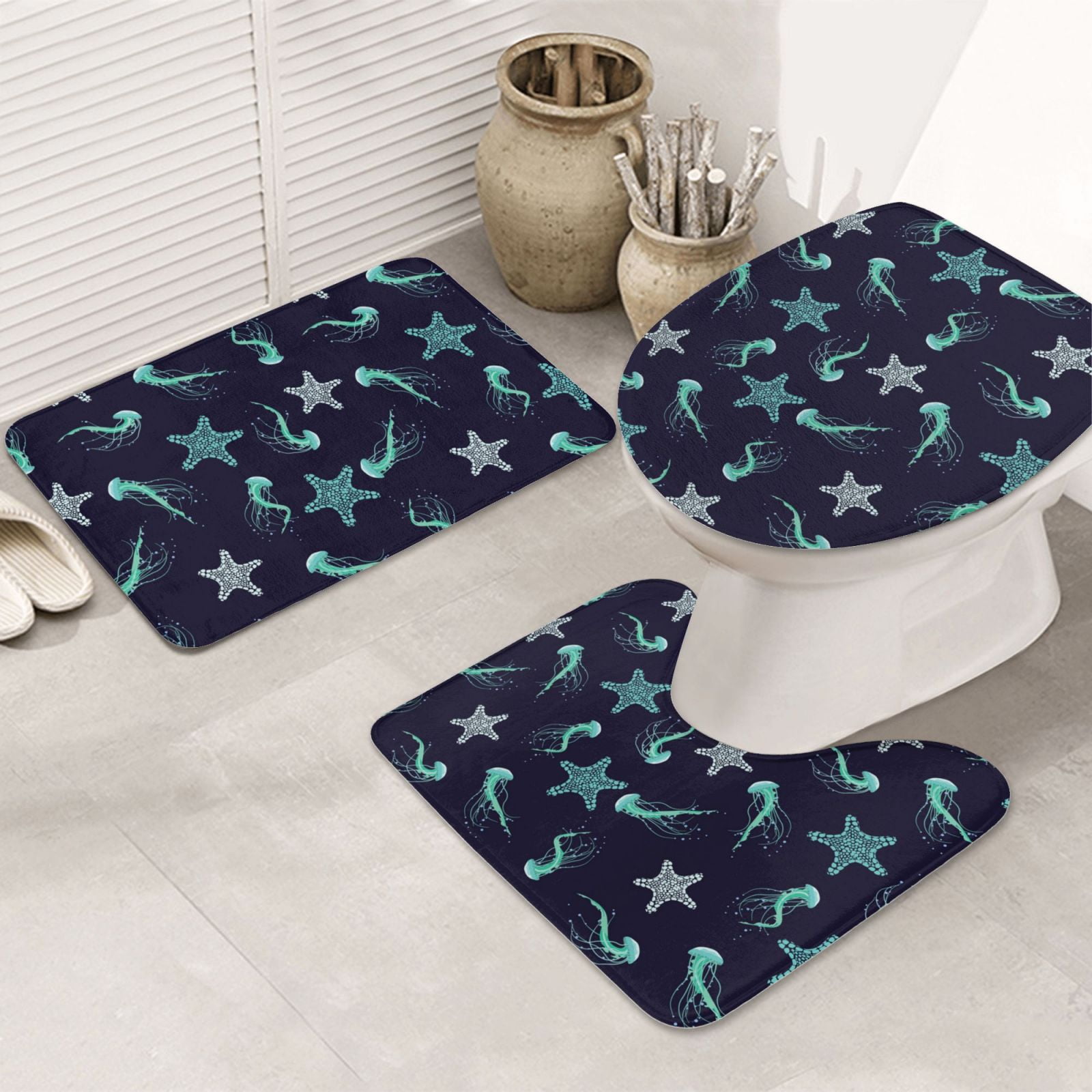Bathroom Rugs Sets 3 Piece, Green Jellyfish Starfish Bath Mats for ...