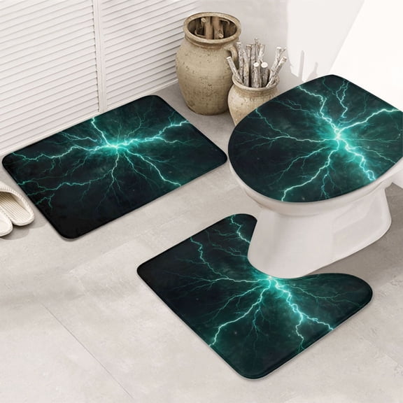 Bathroom Rugs Sets 3 Piece - Green Lightning Flash Absorbent Non Slip Bath Mats, U-Shape Toilet Lid Cover, Contour Mat, Soft Washable Shower Mats Bath Rug Mat for Bathroom Tub Toilet