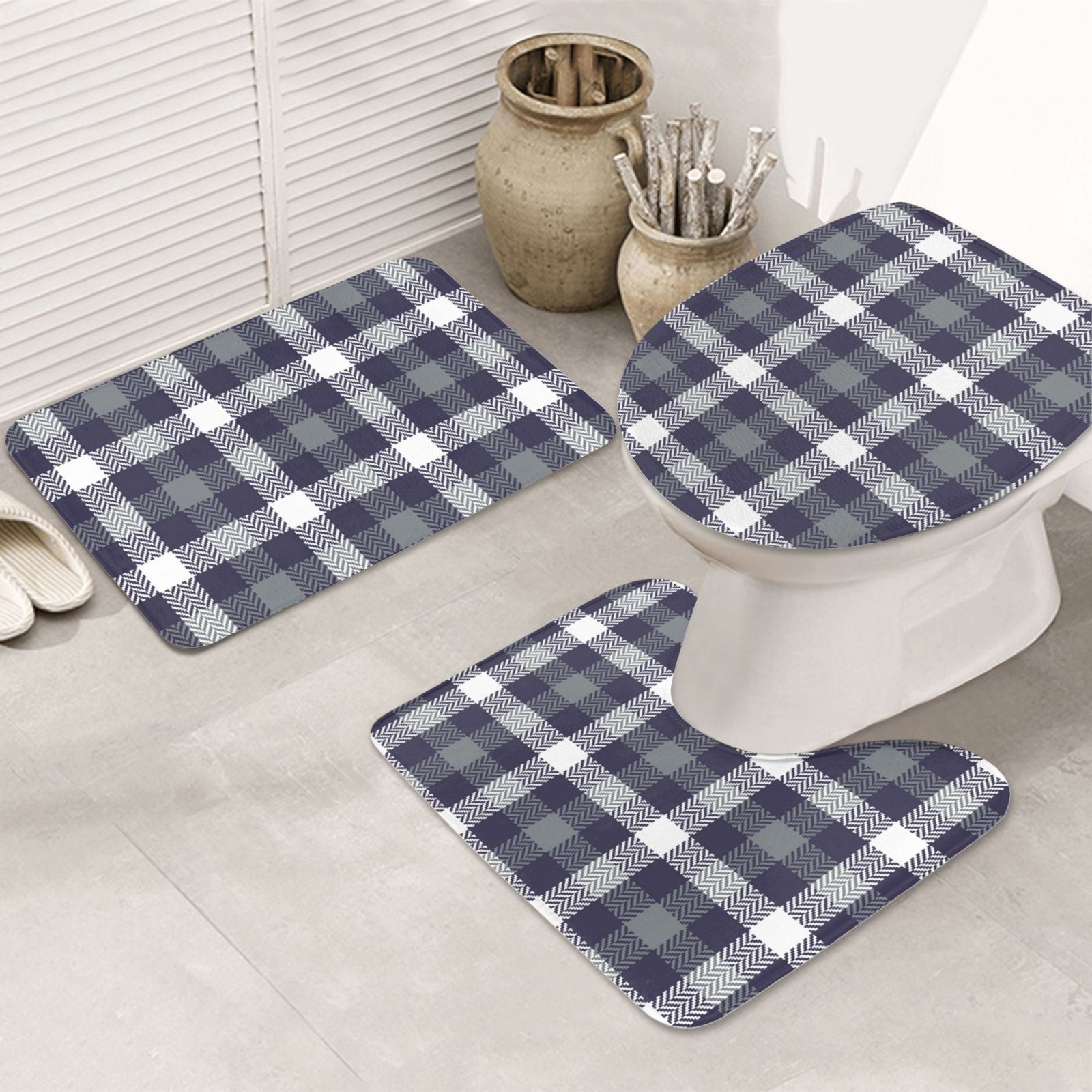Bathroom Rugs Sets 3 Piece - Grey White Striped Plaid Absorbent Non ...