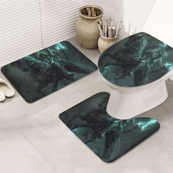 Bathroom Rugs Sets 3 Piece - Halloween Cold Flame Knight Absorbent Non Slip Bath Mats, U-Shape Toilet Lid Cover, Contour Mat, Soft Washable Shower Mats Bath Rug Mat for Bathroom Tub Toilet
