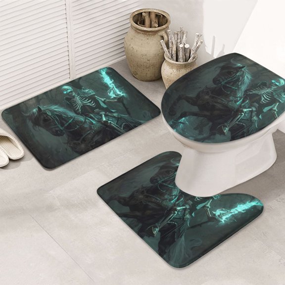 Bathroom Rugs Sets 3 Piece - Halloween Cold Flame Knight Absorbent Non Slip Bath Mats, U-Shape Toilet Lid Cover, Contour Mat, Soft Washable Shower Mats Bath Rug Mat for Bathroom Tub Toilet