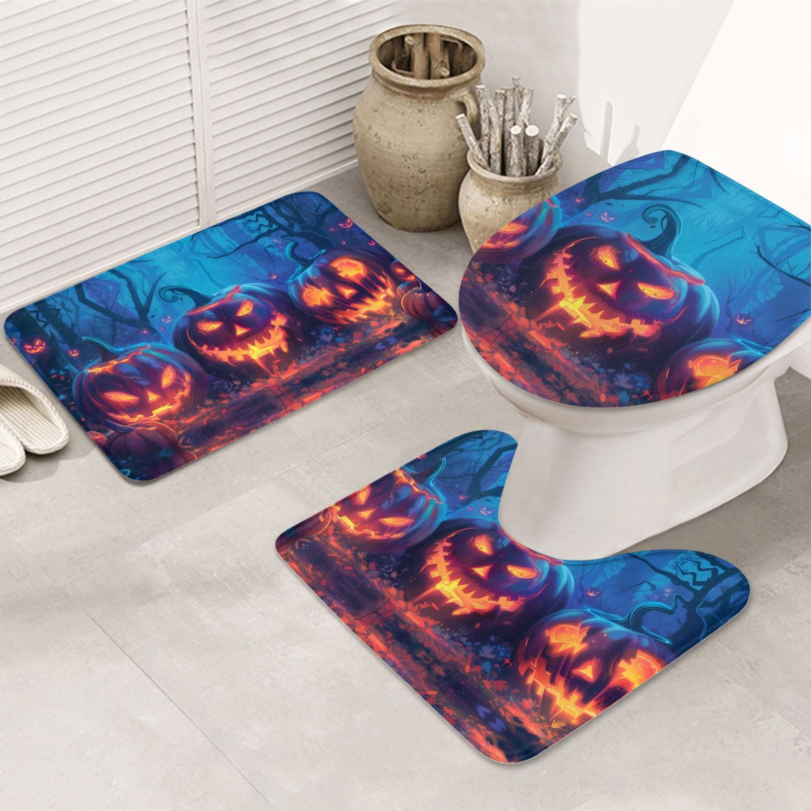 Bathroom Rugs Sets 3 Piece - Halloween Forest Pumpkin Lantern Absorbent Non Slip Bath Mats, U-Shape Toilet Lid Cover, Contour Mat, Soft Washable Shower Mats Bath Rug Mat for Bathroom Tub Toilet