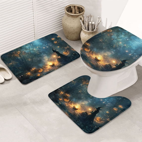Bathroom Rugs Sets 3 Piece - Halloween Forest Pumpkin Witch Absorbent Non Slip Bath Mats, U-Shape Toilet Lid Cover, Contour Mat, Soft Washable Shower Mats Bath Rug Mat for Bathroom Tub Toilet