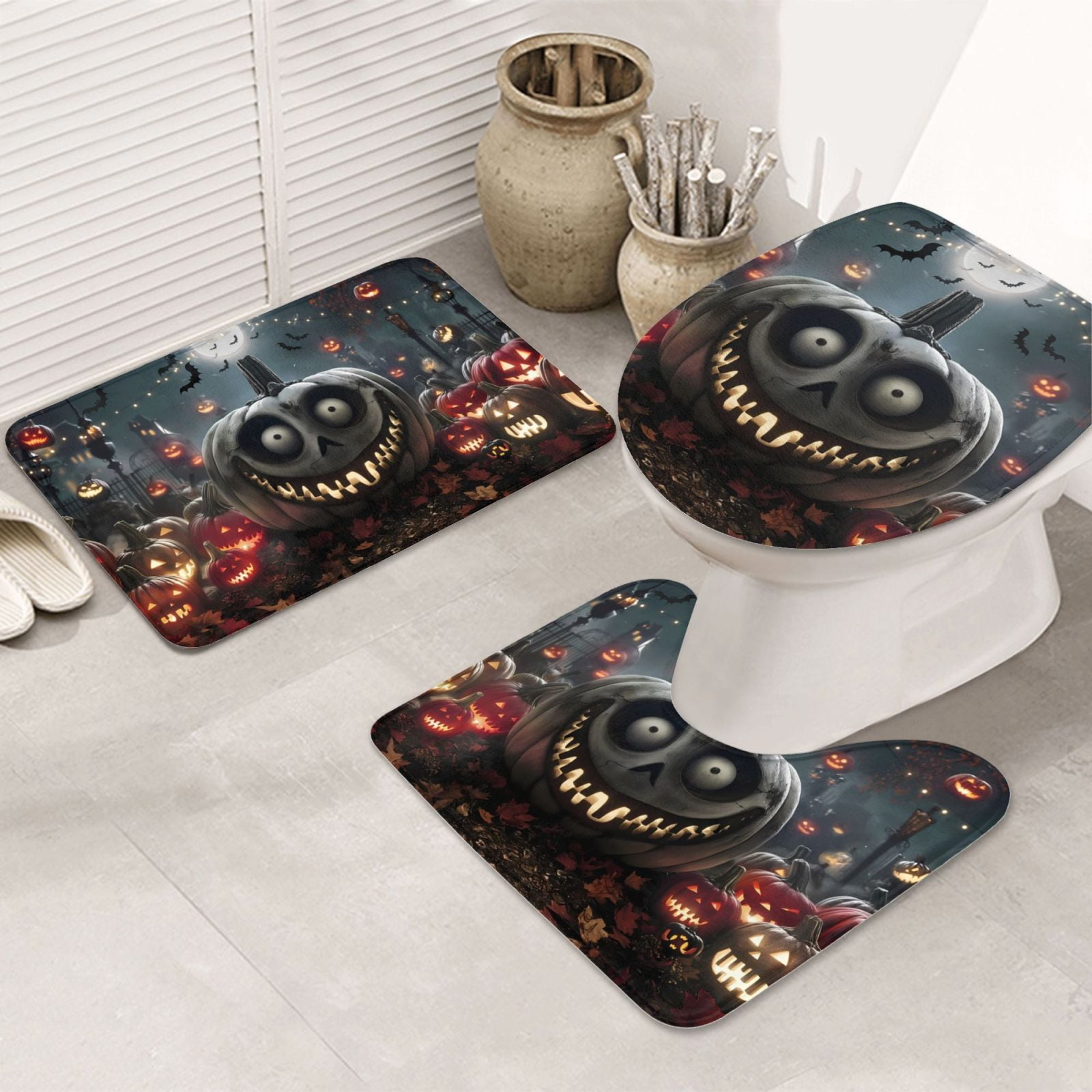 Bathroom Rugs Sets 3 Piece, Halloween Smiling Pumpkin Cute Bath Mats ...