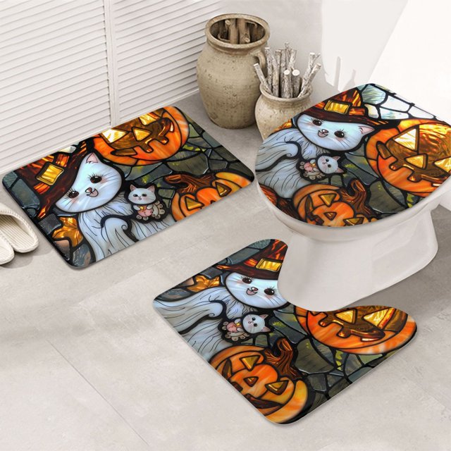 Bathroom Rugs Sets 3 Piece Halloween Witch Cat Art Absorbent Non Slip