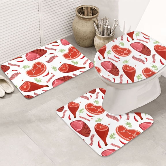 Bathroom Rugs Sets 3 Piece - Ham Bacon Print Absorbent Non Slip Bath Mats, U-Shape Toilet Lid Cover, Contour Mat, Soft Washable Shower Mats Bath Rug Mat for Bathroom Tub Toilet