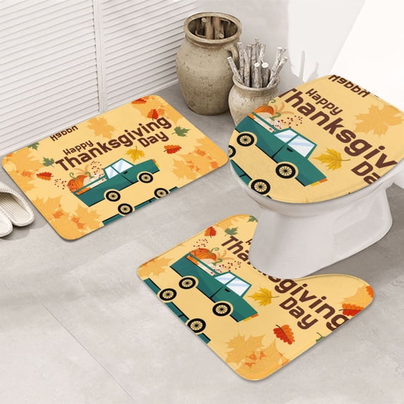 Bathroom Rugs Sets 3 Piece - Happy Thanksgiving Day Absorbent Non Slip Bath Mats, U-Shape Toilet Lid Cover, Contour Mat, Soft Washable Shower Mats Bath Rug Mat for Bathroom Tub Toilet