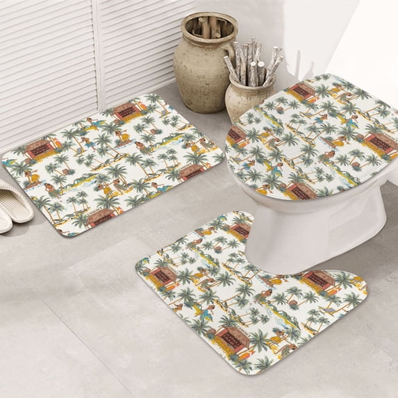 Bathroom Rugs Sets 3 Piece - Hawaiian Style Green Coconut Tree Absorbent Non Slip Bath Mats, U-Shape Toilet Lid Cover, Contour Mat, Soft Washable Shower Mats Bath Rug Mat for Bathroom Tub Toilet