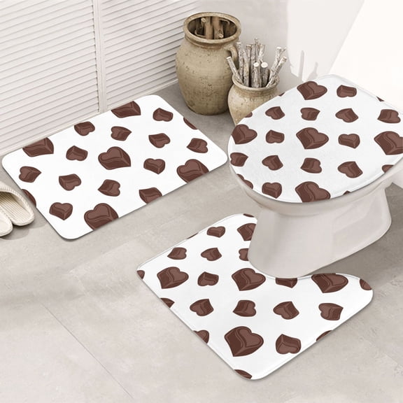 Bathroom Rugs Sets 3 Piece - Heart Shape Chocolate Print Absorbent Non Slip Bath Mats, U-Shape Toilet Lid Cover, Contour Mat, Soft Washable Shower Mats Bath Rug Mat for Bathroom Tub Toilet
