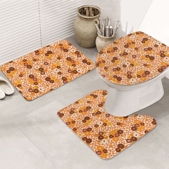 Bathroom Rugs Sets 3 Piece - Hippie Ditsy Floral Absorbent Non Slip Bath Mats, U-Shape Toilet Lid Cover, Contour Mat, Soft Washable Shower Mats Bath Rug Mat for Bathroom Tub Toilet
