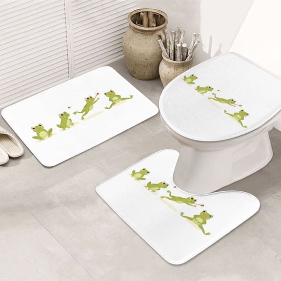 Bathroom Rugs Sets 3 Piece - Hunting Frog Absorbent Non Slip Bath Mats, U-Shape Toilet Lid Cover, Contour Mat, Soft Washable Shower Mats Bath Rug Mat for Bathroom Tub Toilet