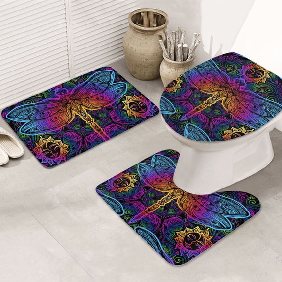 Bathroom Rugs Sets 3 Piece - Indian Mandalas Dragonfly Absorbent Non Slip Bath Mats, U-Shape Toilet Lid Cover, Contour Mat, Soft Washable Shower Mats Bath Rug Mat for Bathroom Tub Toilet