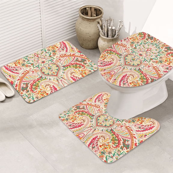 Bathroom Rugs Sets 3 Piece - Indian Paisley 1 Absorbent Non Slip Bath Mats, U-Shape Toilet Lid Cover, Contour Mat, Soft Washable Shower Mats Bath Rug Mat for Bathroom Tub Toilet