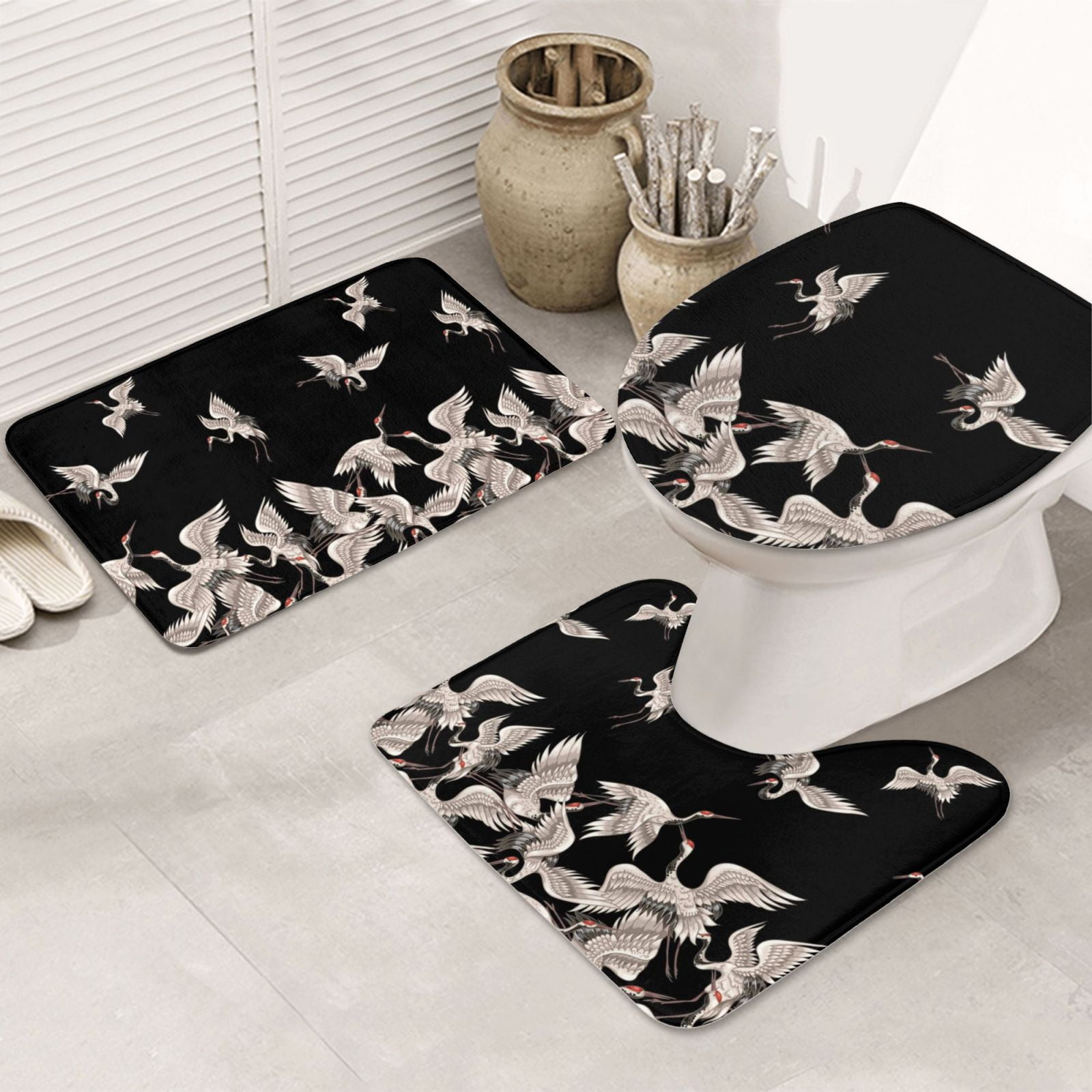 Bathroom Rugs Sets 3 Piece Japanese White Crane Soft Non Slip Bathroom ...