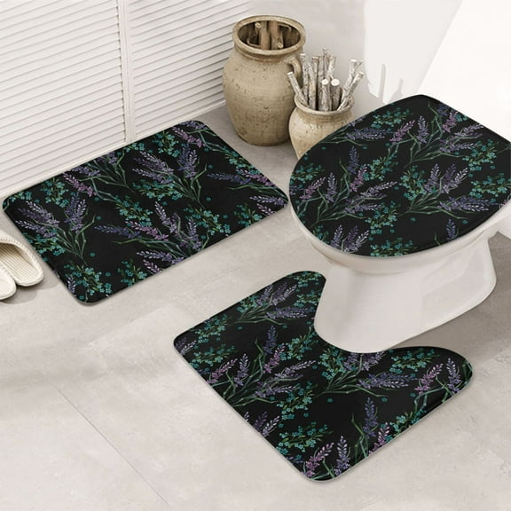 Bathroom Rugs Sets 3 Piece - Lavender Flowers Black Absorbent Non Slip Bath Mats, U-Shape Toilet Lid Cover, Contour Mat, Soft Washable Shower Mats Bath Rug Mat for Bathroom Tub Toilet
