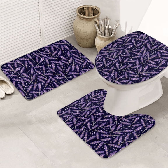 Bathroom Rugs Sets 3 Piece - Lavender Flowers Black Purple Absorbent Non Slip Bath Mats, U-Shape Toilet Lid Cover, Contour Mat, Soft Washable Shower Mats Bath Rug Mat for Bathroom Tub Toilet