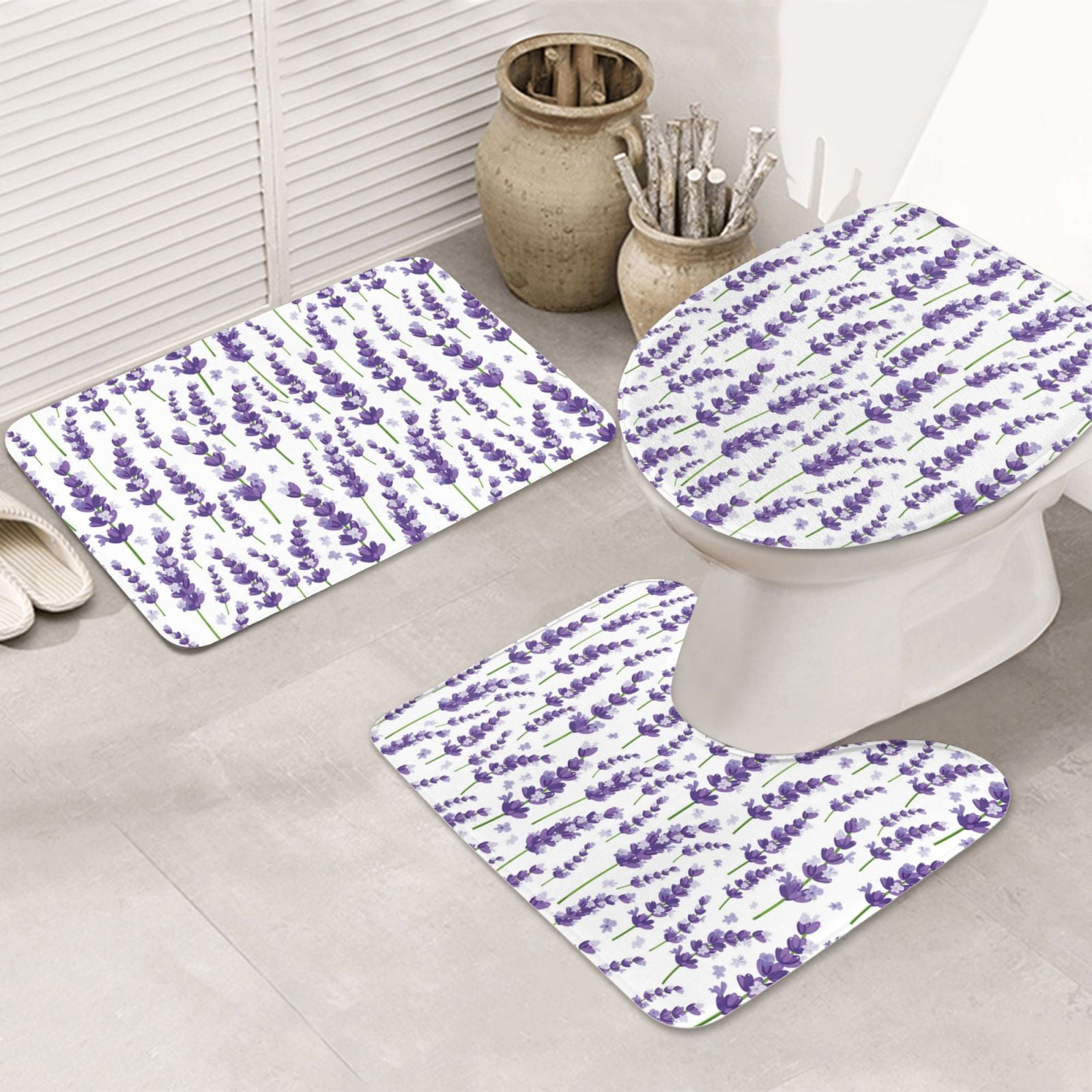 Bathroom Rugs Sets 3 Piece Lavender Flowers Purple Non Slip Washable