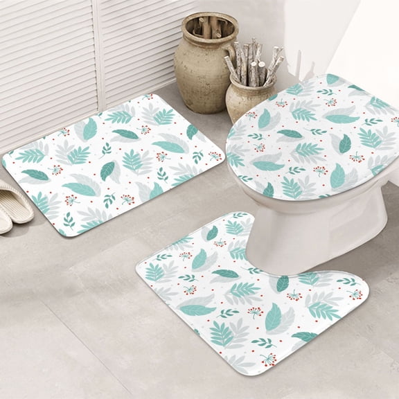 Bathroom Rugs Sets 3 Piece - Leaf print green Absorbent Non Slip Bath Mats, U-Shape Toilet Lid Cover, Contour Mat, Soft Washable Shower Mats Bath Rug Mat for Bathroom Tub Toilet