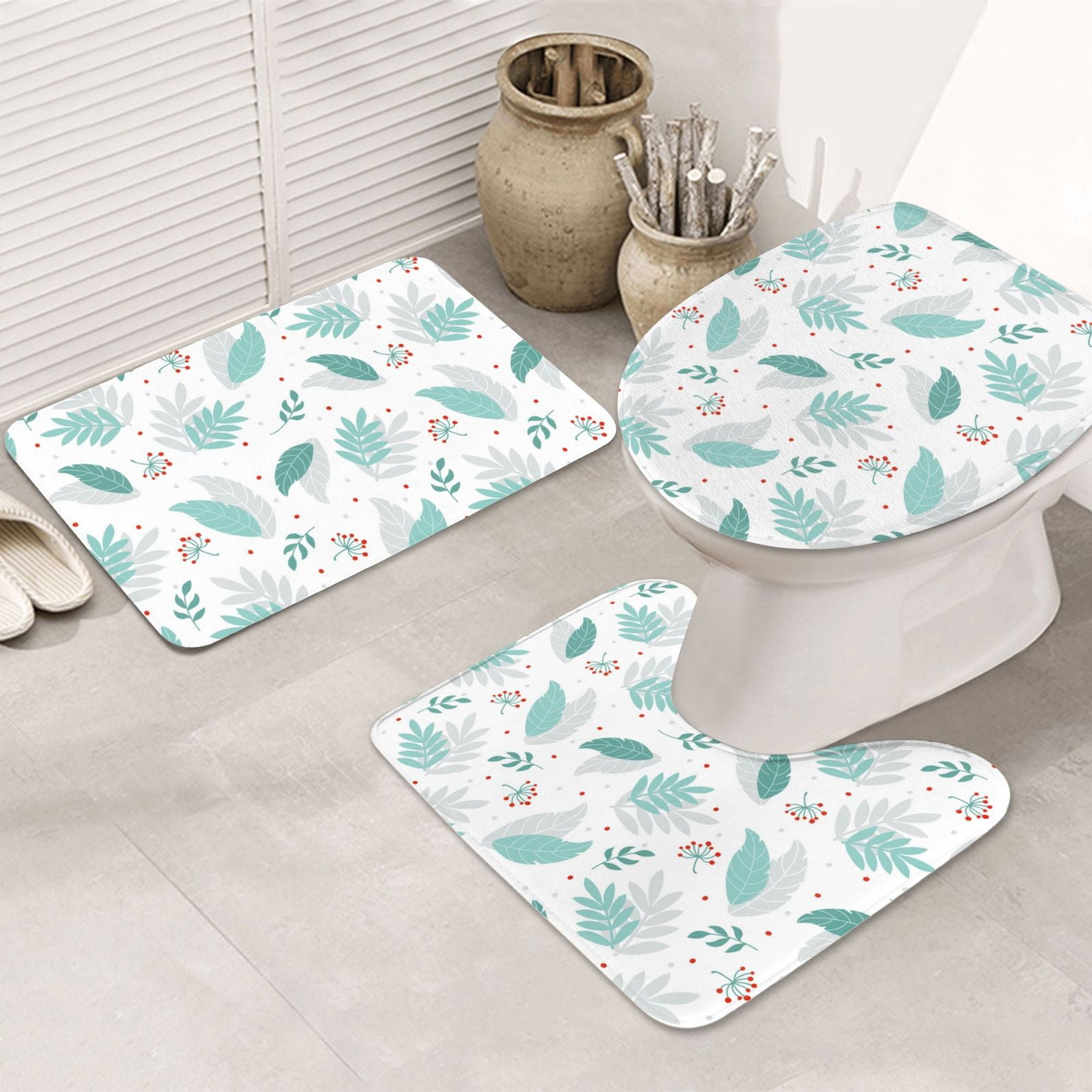 Bathroom Rugs Sets 3 Piece, Leaf print green Bath Mats for Bathroom ...