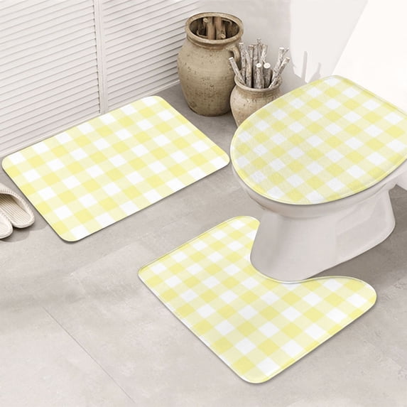 Bathroom Rugs Sets 3 Piece - Lemon Yellow Checkboard A Absorbent Non Slip Bath Mats, U-Shape Toilet Lid Cover, Contour Mat, Soft Washable Shower Mats Bath Rug Mat for Bathroom Tub Toilet