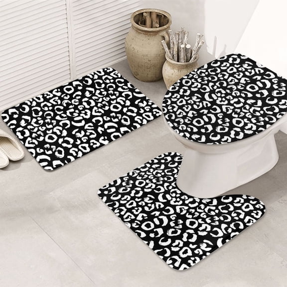 Bathroom Rugs Sets 3 Piece - Leopard cool black white print Absorbent Non Slip Bath Mats, U-Shape Toilet Lid Cover, Contour Mat, Soft Washable Shower Mats Bath Rug Mat for Bathroom Tub Toilet