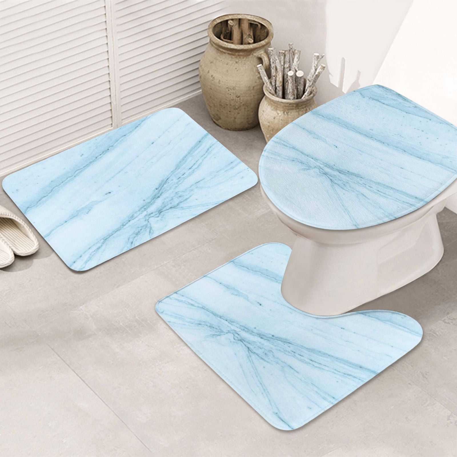 Bathroom Rugs Sets 3 Piece, Light Blue Marble Cute Bath Mats for