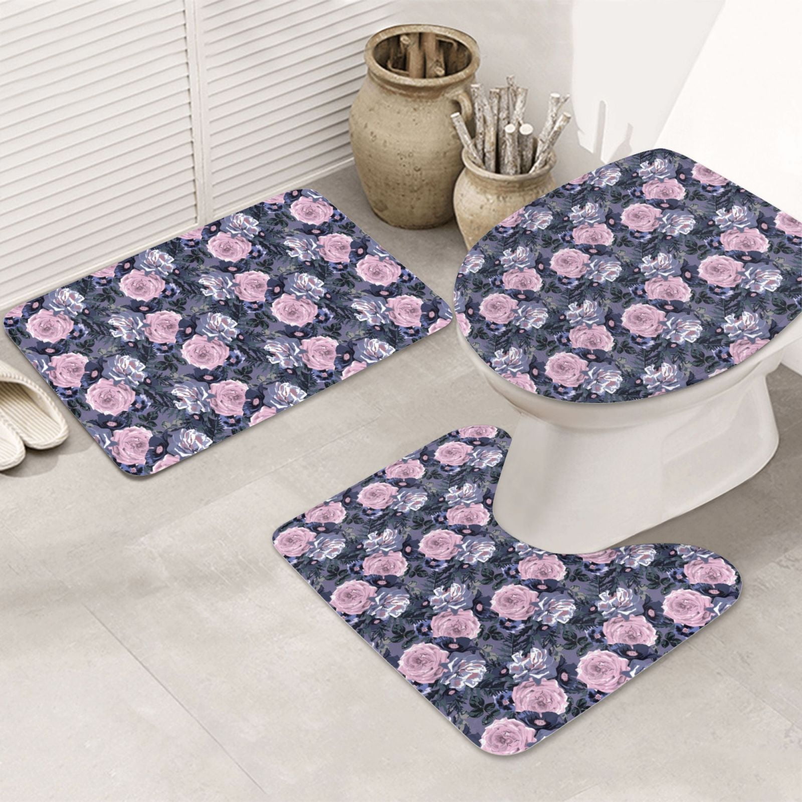 Bathroom Rugs Sets 3 Piece, Light pink flowers Soft Bath Mats for