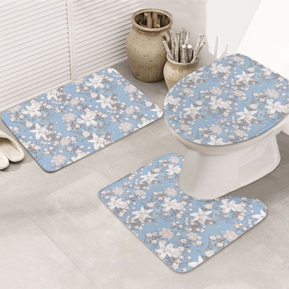 Bathroom Rugs Sets 3 Piece - Lily flower Absorbent Non Slip Bath Mats, U-Shape Toilet Lid Cover, Contour Mat, Soft Washable Shower Mats Bath Rug Mat for Bathroom Tub Toilet