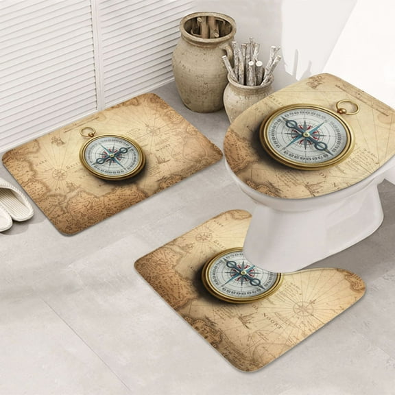 Bathroom Rugs Sets 3 Piece - Magnetic Old Compass On World Map Absorbent Non Slip Bath Mats, U-Shape Toilet Lid Cover, Contour Mat, Soft Washable Shower Mats Bath Rug Mat for Bathroom Tub Toilet