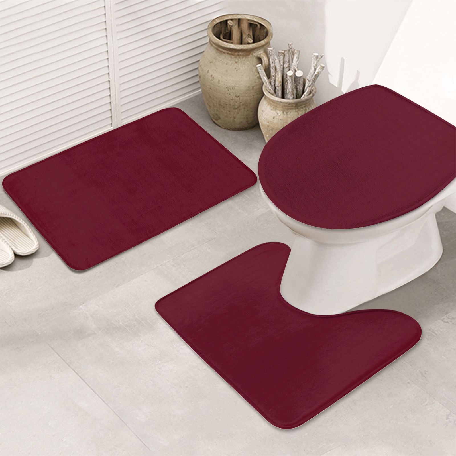 Bathroom Rugs Sets 3 Piece - Maroon Absorbent Non Slip Bath Mats, U-Shape Toilet Lid Cover, Contour Mat, Soft Washable Shower Mats Bath Rug Mat for Bathroom Tub Toilet