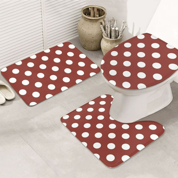 Bathroom Rugs Sets 3 Piece - Maroon And White Polka Dot Absorbent Non Slip Bath Mats, U-Shape Toilet Lid Cover, Contour Mat, Soft Washable Shower Mats Bath Rug Mat for Bathroom Tub Toilet
