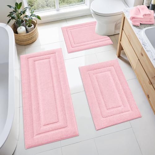 Bathroom Rugs Sets 3 Piece, Microfiber Shaggy Bath Mat Set, Non-Slip Ultra Soft Carpet Mats, Large Rugs with U-Shaped Toilet for Bathroom, Tub, Shower,Pink
