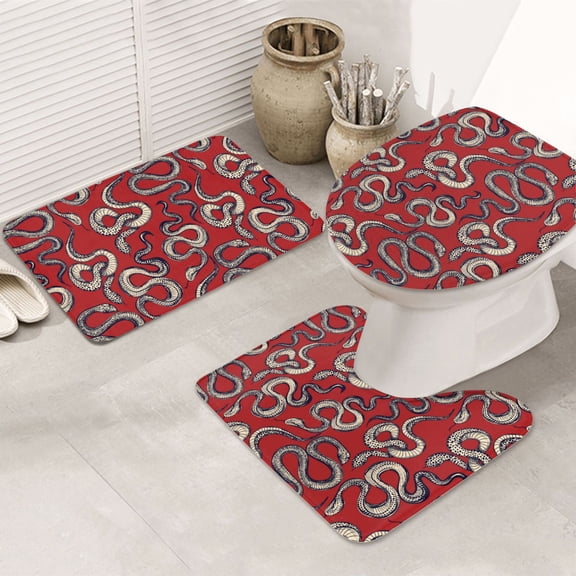 Bathroom Rugs Sets 3 Piece - Minimalist Sketch Funny Snake Red Absorbent Non Slip Bath Mats, U-Shape Toilet Lid Cover, Contour Mat, Soft Washable Shower Mats Bath Rug Mat for Bathroom Tub Toilet