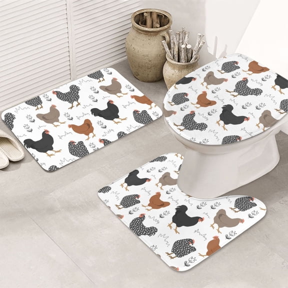 Bathroom Rugs Sets 3 Piece - Modern Cartoon Cute Chicken_A Absorbent Non Slip Bath Mats, U-Shape Toilet Lid Cover, Contour Mat, Soft Washable Shower Mats Bath Rug Mat for Bathroom Tub Toilet