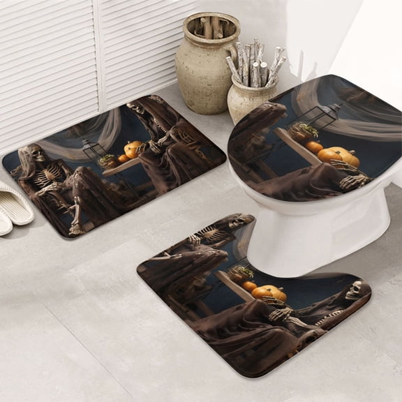 Bathroom Rugs Sets 3 Piece - Modern Skull Sisters Absorbent Non Slip Bath Mats, U-Shape Toilet Lid Cover, Contour Mat, Soft Washable Shower Mats Bath Rug Mat for Bathroom Tub Toilet