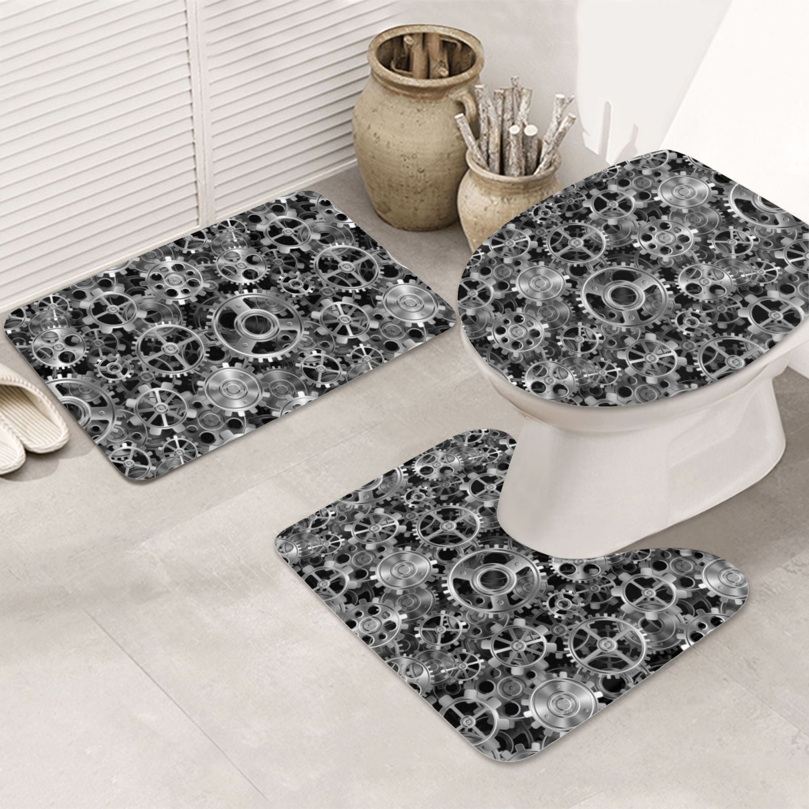 Bathroom Rugs Sets 3 Piece Modern gear Pattern Non Slip Washable Bath