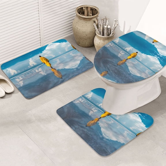 Bathroom Rugs Sets 3 Piece - Monk Walking On Water Absorbent Non Slip Bath Mats, U-Shape Toilet Lid Cover, Contour Mat, Soft Washable Shower Mats Bath Rug Mat for Bathroom Tub Toilet