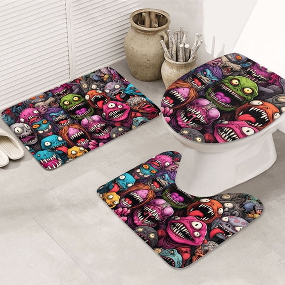 Bathroom Rugs Sets 3 Piece - Monstrous Cartoon Characters Absorbent Non Slip Bath Mats, U-Shape Toilet Lid Cover, Contour Mat, Soft Washable Shower Mats Bath Rug Mat for Bathroom Tub Toilet