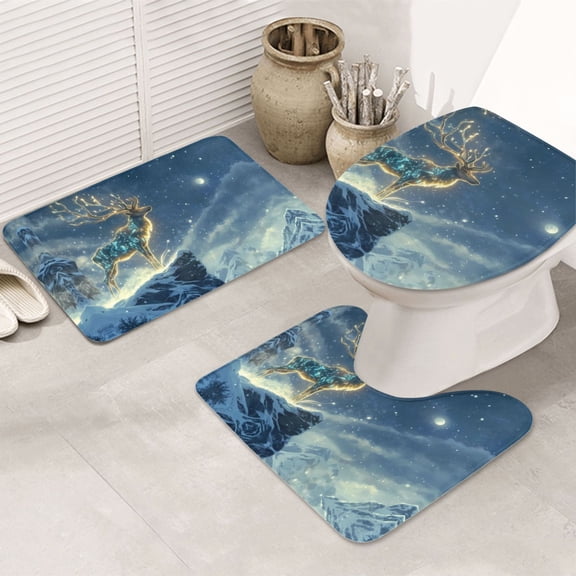 Bathroom Rugs Sets 3 Piece - Moonlit Snow Mountain Deer A Absorbent Non Slip Bath Mats, U-Shape Toilet Lid Cover, Contour Mat, Soft Washable Shower Mats Bath Rug Mat for Bathroom Tub Toilet