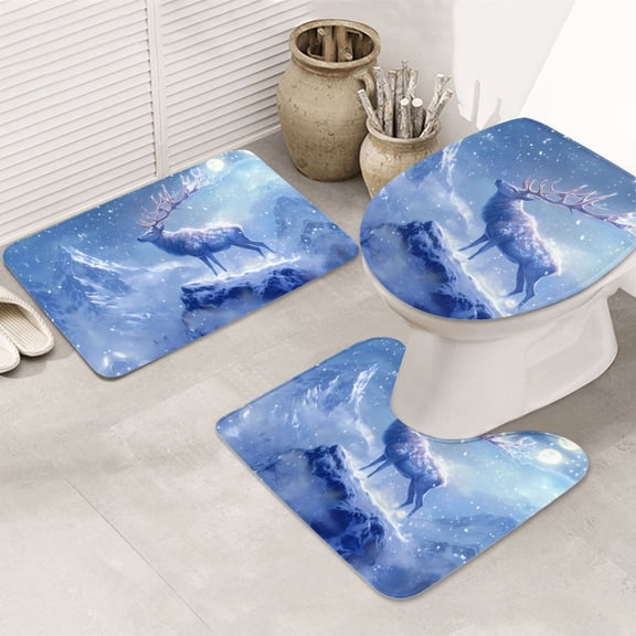 Bathroom Rugs Sets 3 Piece - Moonlit Snow Mountain Deer Absorbent Non Slip Bath Mats, U-Shape Toilet Lid Cover, Contour Mat, Soft Washable Shower Mats Bath Rug Mat for Bathroom Tub Toilet