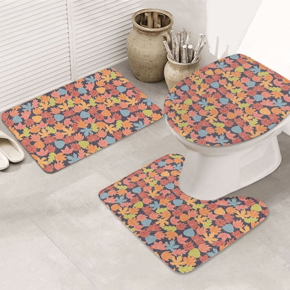 Bathroom Rugs Sets 3 Piece - Multicolor maple leaves Absorbent Non Slip Bath Mats, U-Shape Toilet Lid Cover, Contour Mat, Soft Washable Shower Mats Bath Rug Mat for Bathroom Tub Toilet