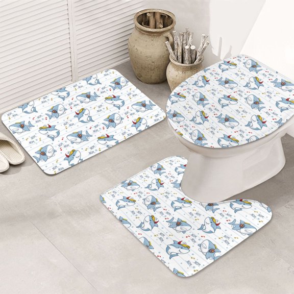 Bathroom Rugs Sets 3 Piece - Music shark Absorbent Non Slip Bath Mats, U-Shape Toilet Lid Cover, Contour Mat, Soft Washable Shower Mats Bath Rug Mat for Bathroom Tub Toilet