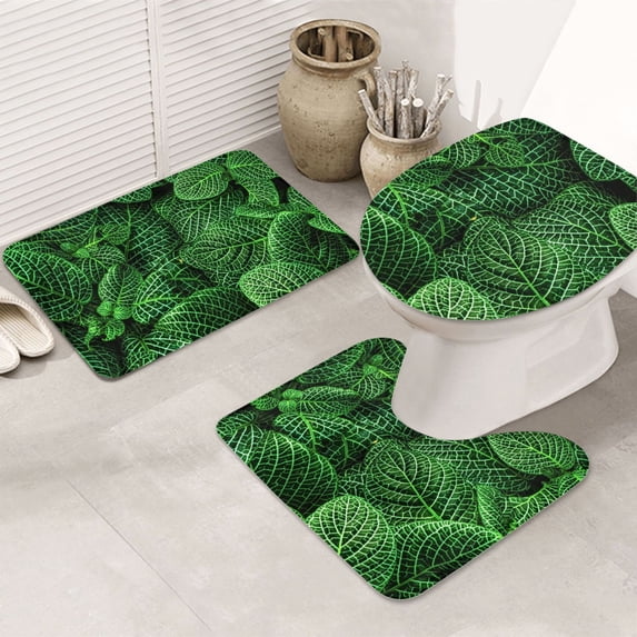 Bathroom Rugs Sets 3 Piece - Natural Green Leaves Absorbent Non Slip Bath Mats, U-Shape Toilet Lid Cover, Contour Mat, Soft Washable Shower Mats Bath Rug Mat for Bathroom Tub Toilet