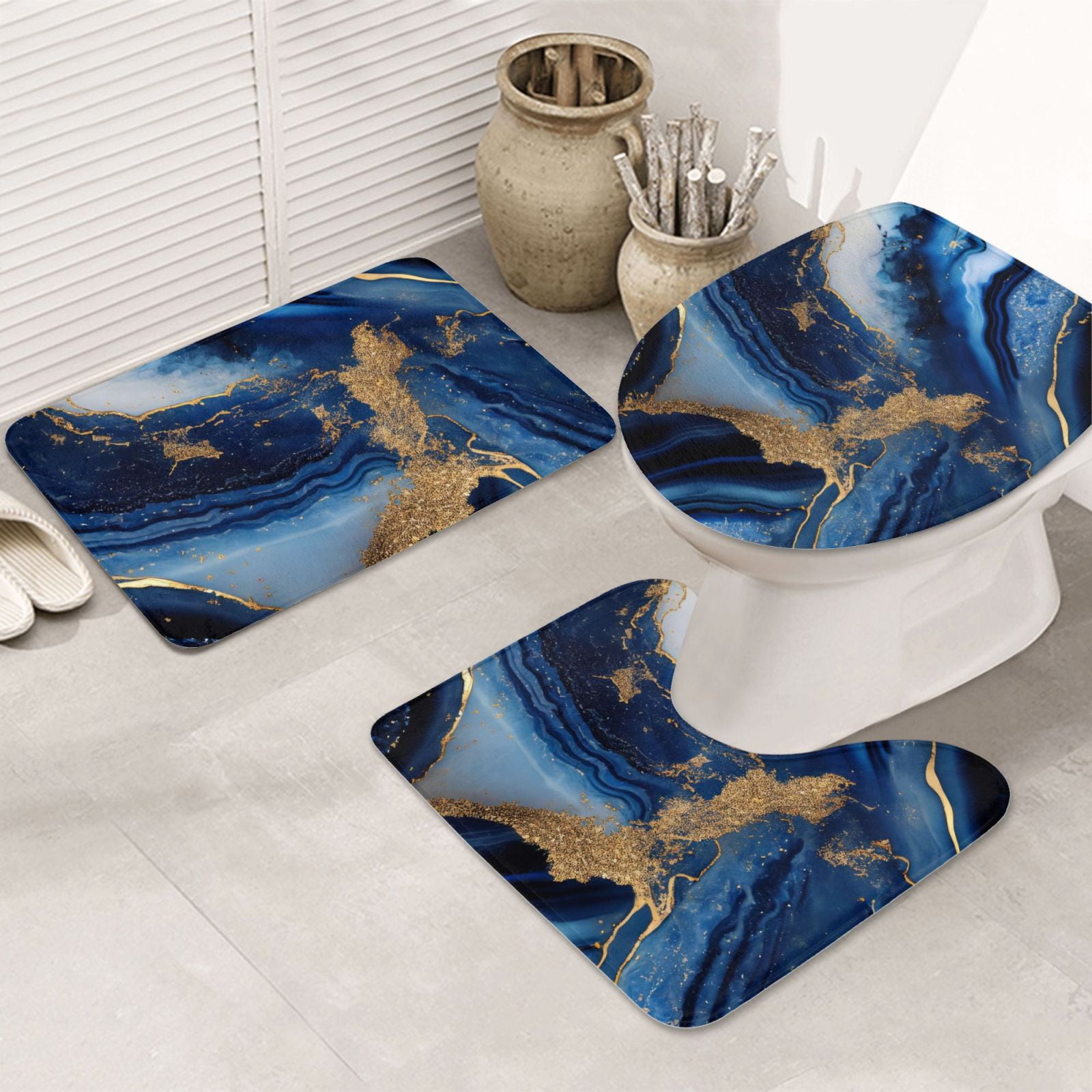 Bathroom Rugs Sets 3 Piece - Navy Blue Marble Absorbent Non Slip Bath Mats, U-Shape Toilet Lid Cover, Contour Mat, Soft Washable Shower Mats Bath Rug Mat for Bathroom Tub Toilet
