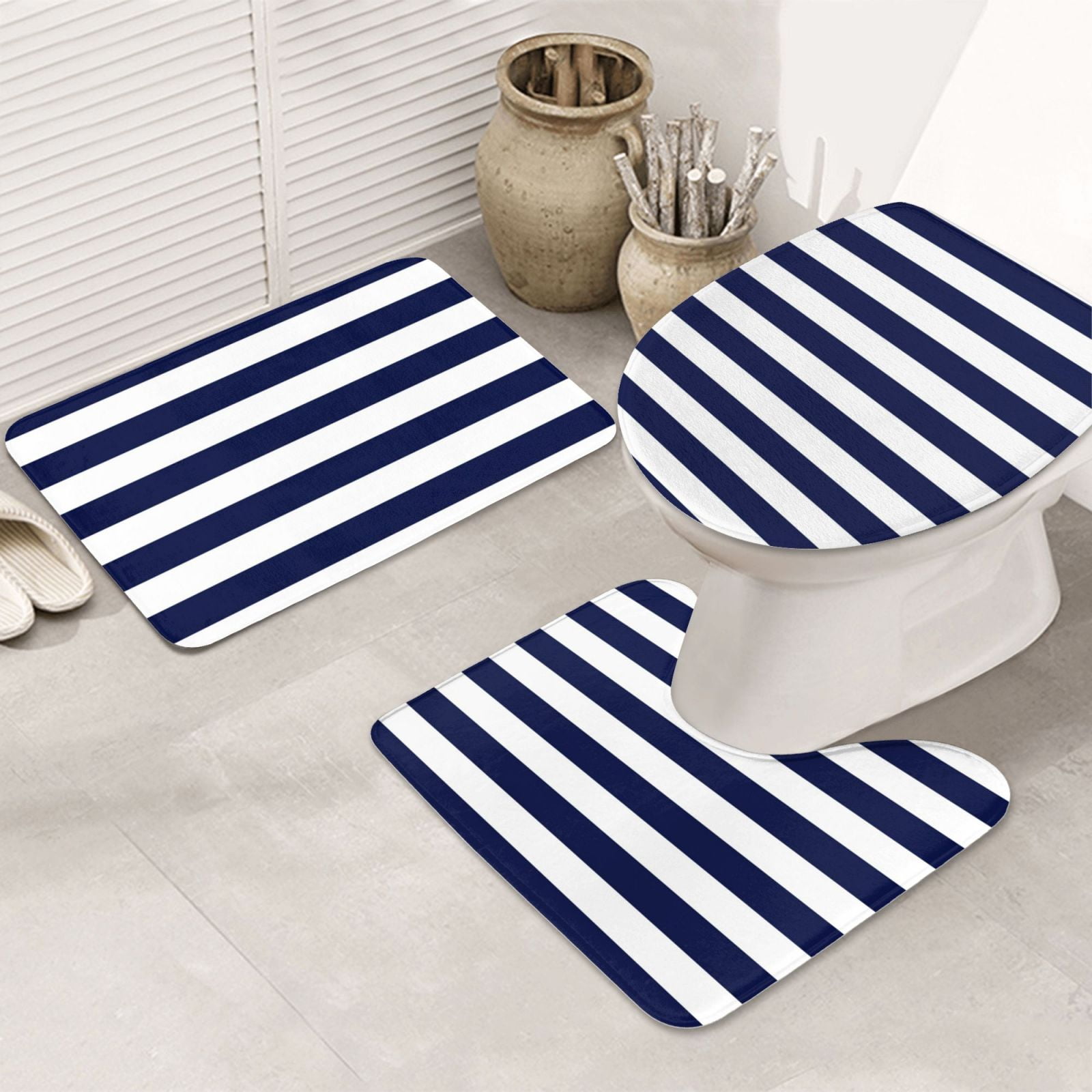 Bathroom Rugs Sets 3 Piece - Navy Blue And White Stripes Absorbent Non Slip Bath Mats, U-Shape Toilet Lid Cover, Contour Mat, Soft Washable Shower Mats Bath Rug Mat for Bathroom Tub Toilet