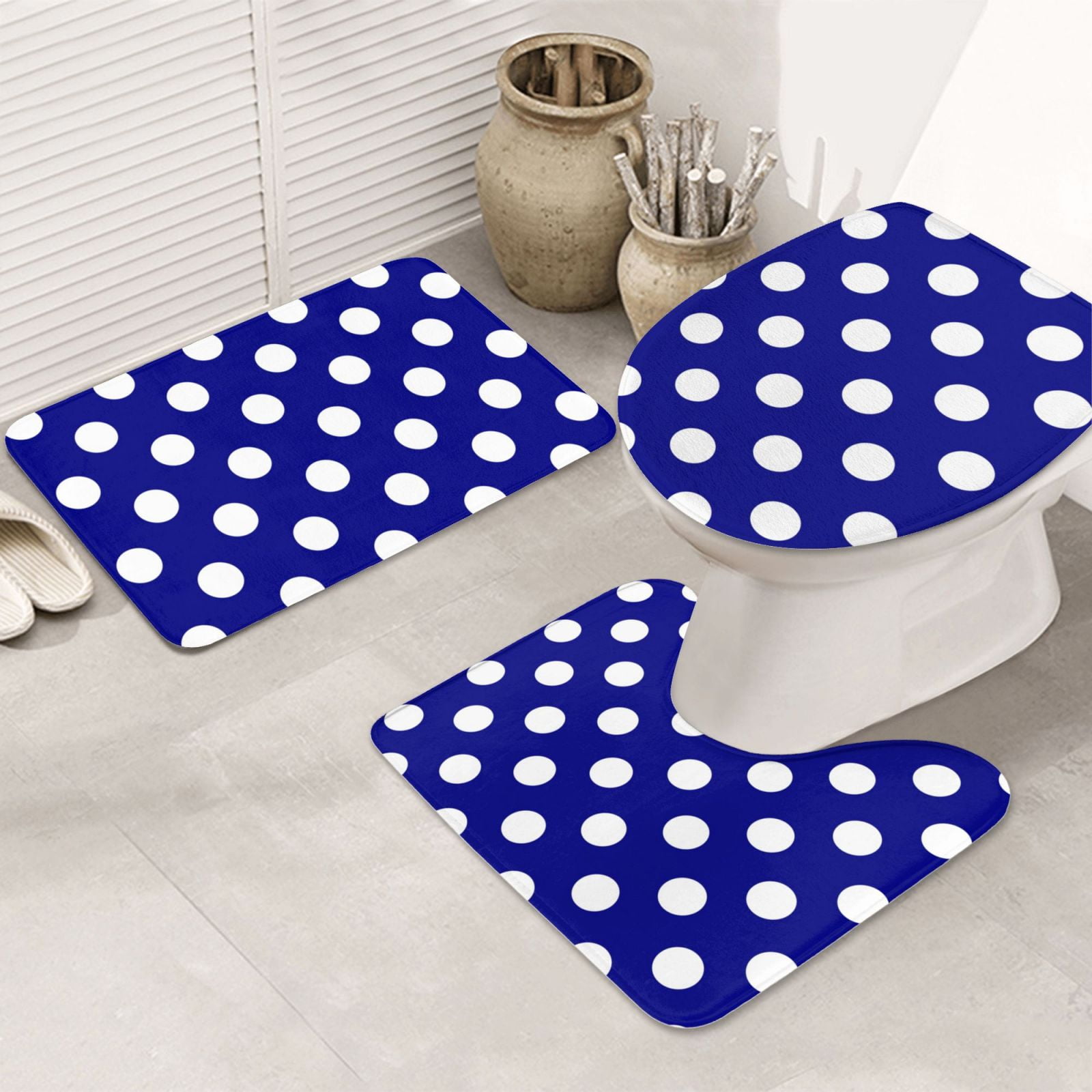 Bathroom Rugs Sets 3 Piece - Navy And White Polka Dot Absorbent Non Slip Bath Mats, U-Shape Toilet Lid Cover, Contour Mat, Soft Washable Shower Mats Bath Rug Mat for Bathroom Tub Toilet