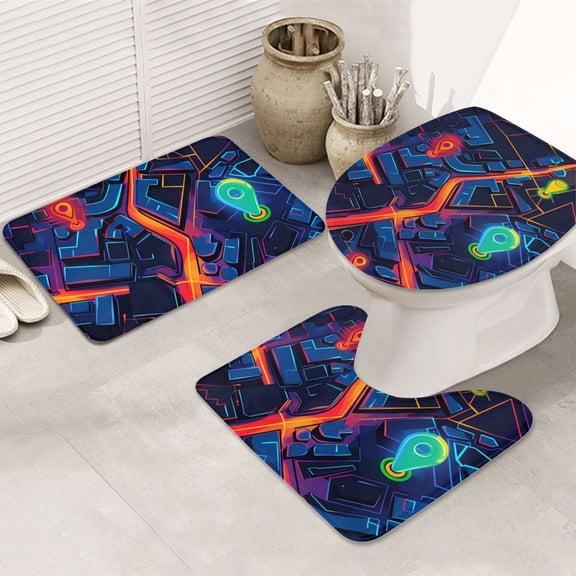 Bathroom Rugs Sets 3 Piece - Neon City Map Absorbent Non Slip Bath Mats, U-Shape Toilet Lid Cover, Contour Mat, Soft Washable Shower Mats Bath Rug Mat for Bathroom Tub Toilet