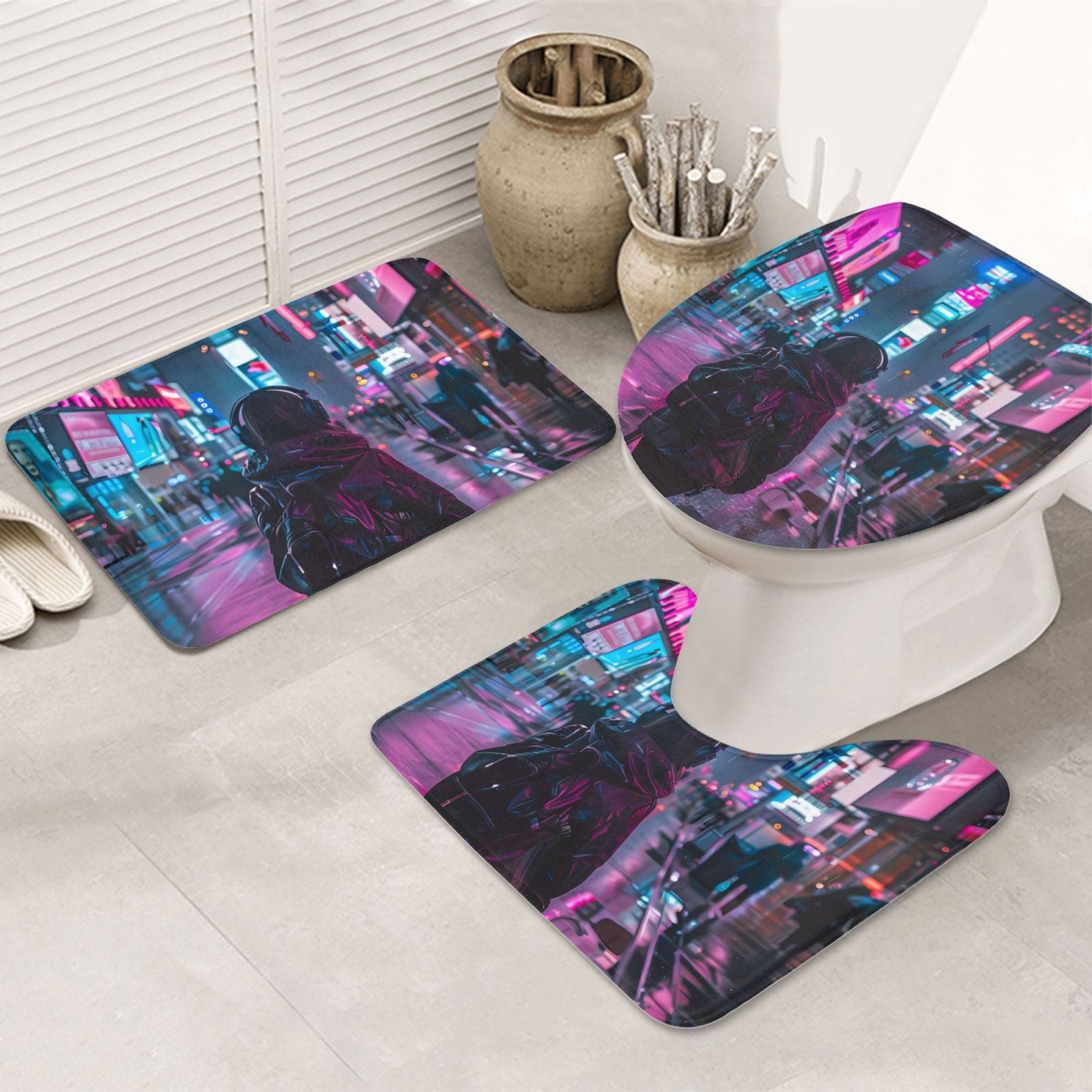 Bathroom Rugs Sets 3 Piece, Neon Night Cityscape Cute Bath Mats for