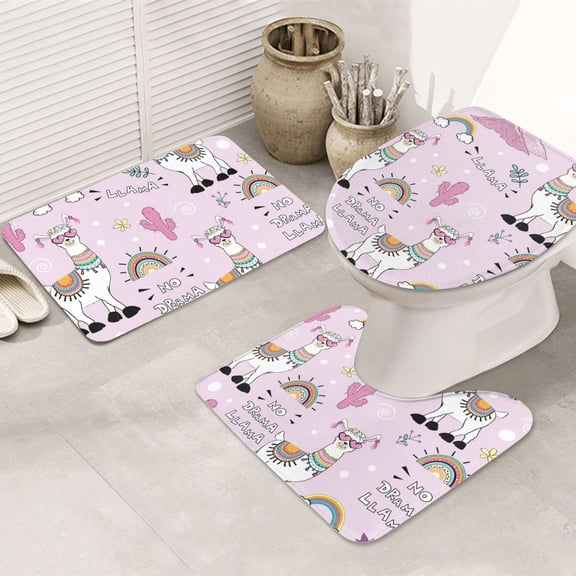 Bathroom Rugs Sets 3 Piece - No Drama Llama Absorbent Non Slip Bath Mats, U-Shape Toilet Lid Cover, Contour Mat, Soft Washable Shower Mats Bath Rug Mat for Bathroom Tub Toilet