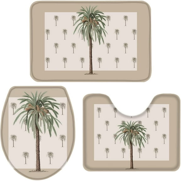 Bathroom Rugs Sets 3 Piece Non-Slip Water Absorbent Khaki Tropical Coconut Palm Tree Bath Mats Set with Bath Rug U Shape Mat